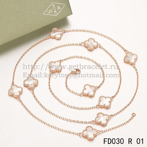 Van Cleef & Arpels Vintage Alhambra Necklace Pink Gold 10 Motifs With White Mother Of Pearl