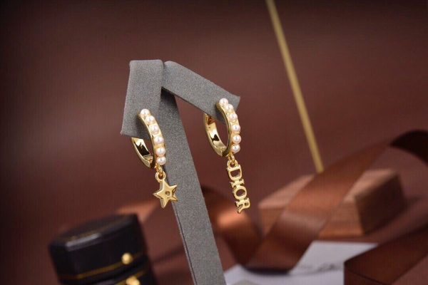 Replica Summer Fashion Christian Dior LOGO And Star Pendants Classic Yellow Gold Plated Women White Pearl Hoop Earrings