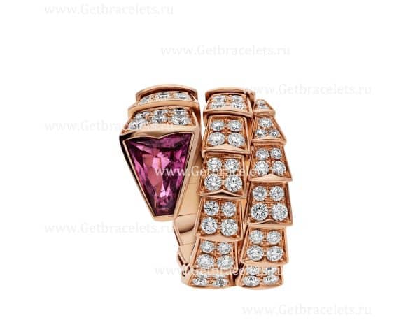 Serpenti Viper Twp-Coil Ring in 18K Rose Gold with Full Pave Diamonds and a Rubellite on the Head