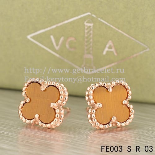 Van Cleef & Arpels Sweet Alhambra Earrings Pink Gold With Tiger’s Eye Mother Of Pearl