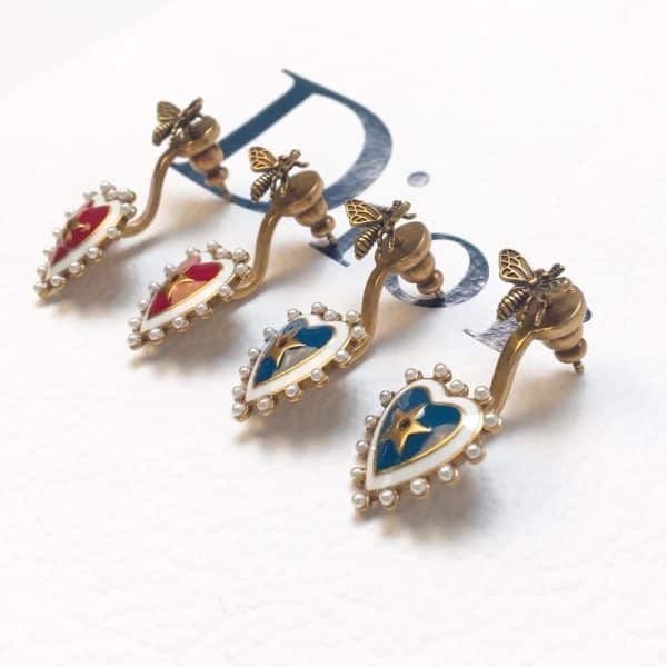 Women’s Celebrity Style Dior Heart-shaped Pendant Pearl Edging Vintage Brass Bee Stud Earrings Red/Blue