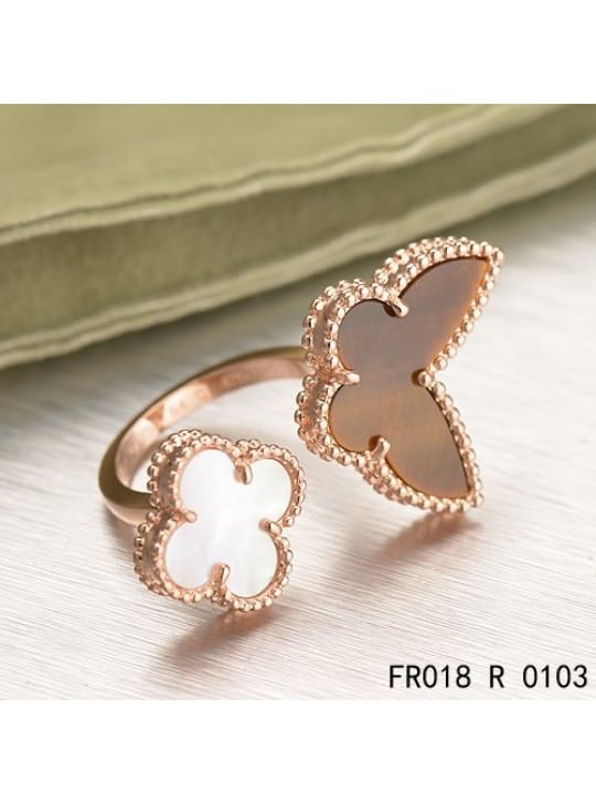 Van Cleef Arpels Luck Alhambra Between The Finger Ring Pink Gold With White and Grey Mother Of Pearl
