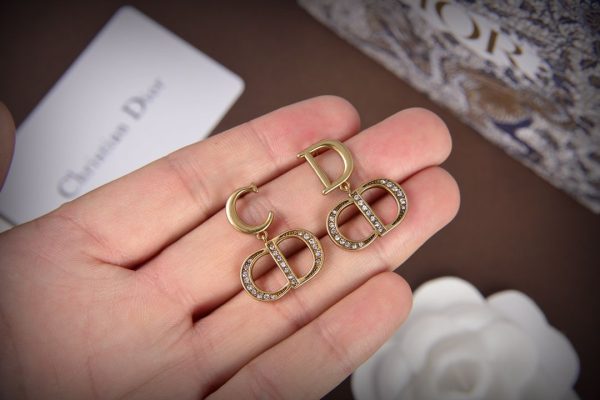 Latest Christian Dior CD Logo Initial Pendant Antique Brass Metal Females Diamonds Drop Earrings For Sale Online Replica
