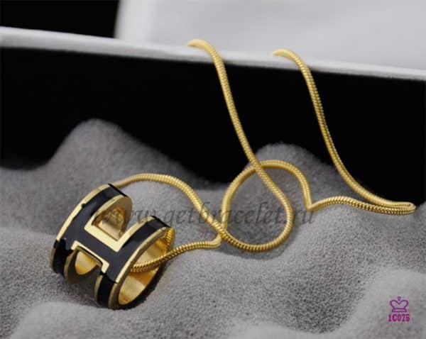 Hermes 3D Pop “H” logo Snake Bone Black Necklace in Yellow Gold