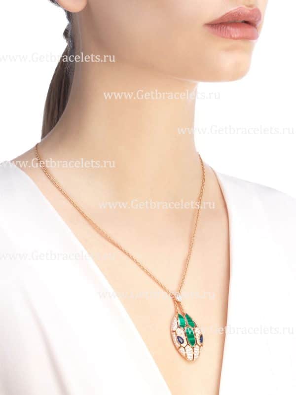Serpenti Necklace 18K Rose Gold with Blue Sapphire Eyes Malachite Elements and Pave Diamonds on the Pendant