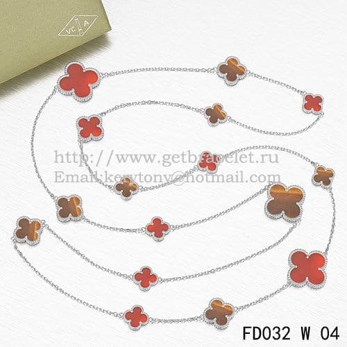 Van Cleef & Arpels Magic Alhambra Necklace White Gold 16 Motifs With Red Onyx Tiger’s Eye Mother Of Pearl