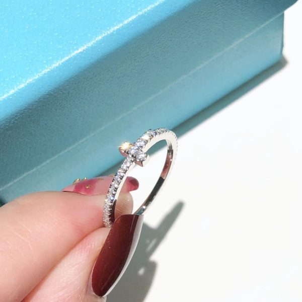 Fine Jewelry Tiffany T 925 Silver Cross Fully-diamonds Ladies Wire Band Ring