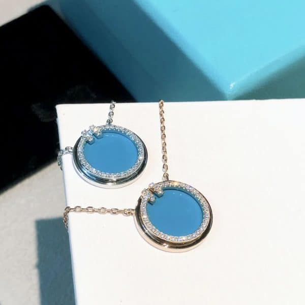 Top Tiffany T Silver Diamonds Turquoise Circle Pendant Couple Style Necklace HK