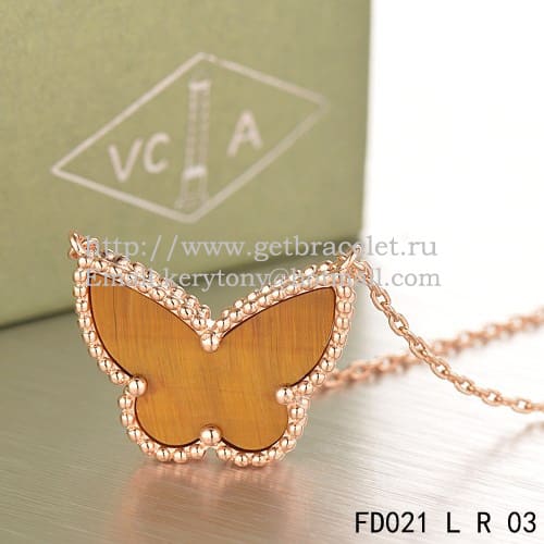 Van Cleef Arpels Lucky Alhambra Butterfly Pendant Pink Gold With Tiger’s Eye Mother Of Pearl