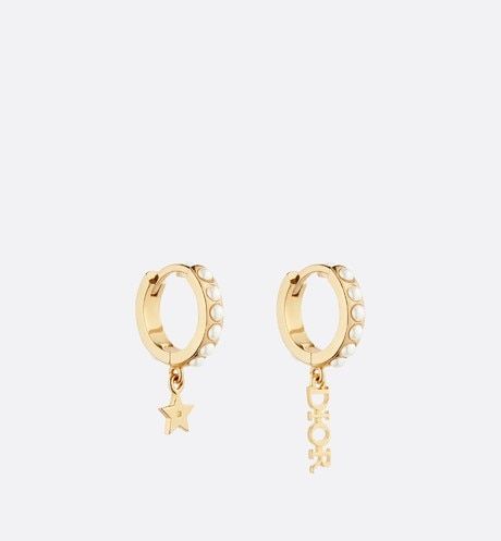 Replica Summer Fashion Christian Dior LOGO And Star Pendants Classic Yellow Gold Plated Women White Pearl Hoop Earrings