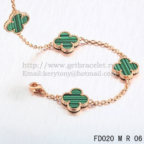 VCA Vintage Alhambra Necklace Pink Gold 10 Motifs Malachite Mother Of Pearl 45cm