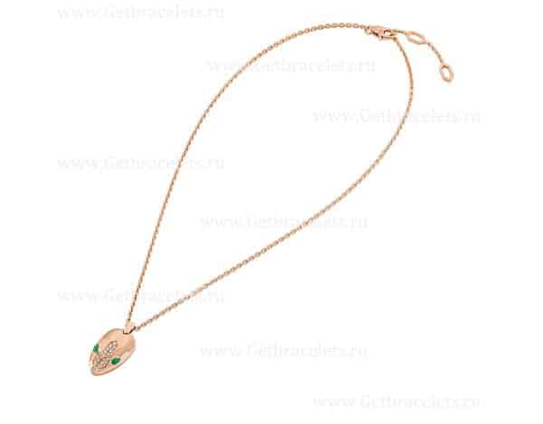Serpenti Necklace 18K Rose Gold Chain and Pendant with Malachite Eyes and Demi Pave Diamonds