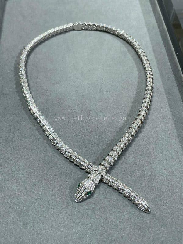Serpenti Small Emerald and Diamond Necklace White Gold with Diamonds