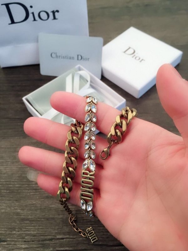 Spring Hot Selling Dior DIOR Logo Charm Thick Chain Marquise Diamond Females Antique Brass White Crystal Faux Necklace