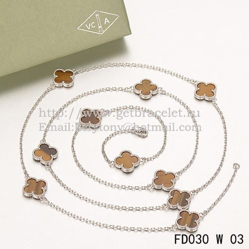 Van Cleef & Arpels Vintage Alhambra Necklace White Gold 10 Motifs With Tiger’s Eye Mother Of Pearl