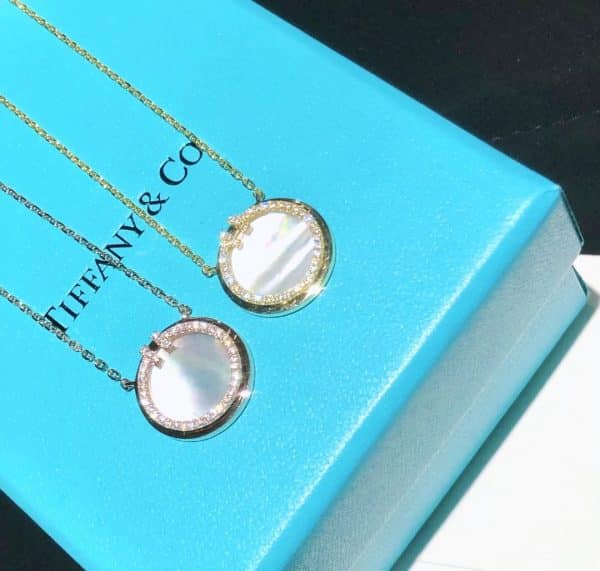 Women’s Latest Style Tiffany Double T Diamonds Circle Mother-Of-Pearl Pendant Silver Necklace