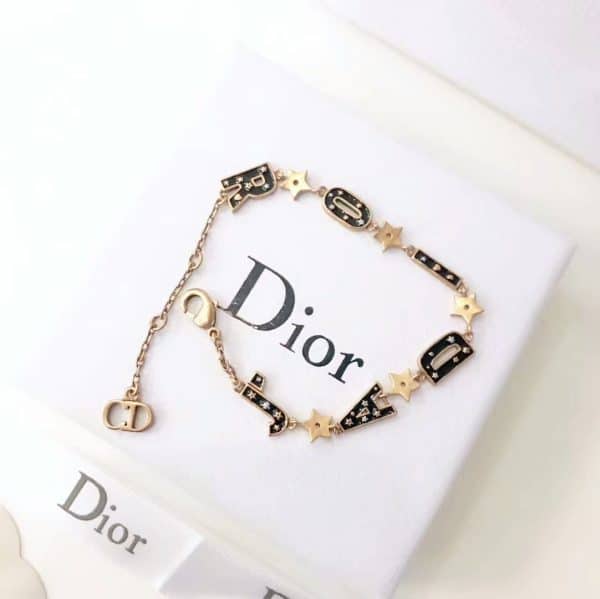 Vintage Style Christian Dior Jadior Black Logo Motif-Yellow Brass Star Womens Bracelet Price USA Replica