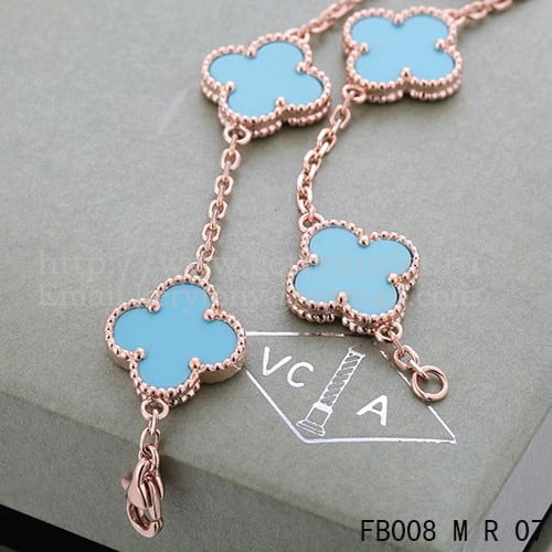 Van Cleef & Arpels Vintage Alhambra Bracelet 5 Motifs Pink Gold With Turquoise Mother Of Pearl