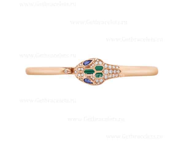 Serpenti 18K Rose Gold Bracelet set with Blue Sapphire Eyes Malachite Elements and Pave Diamonds