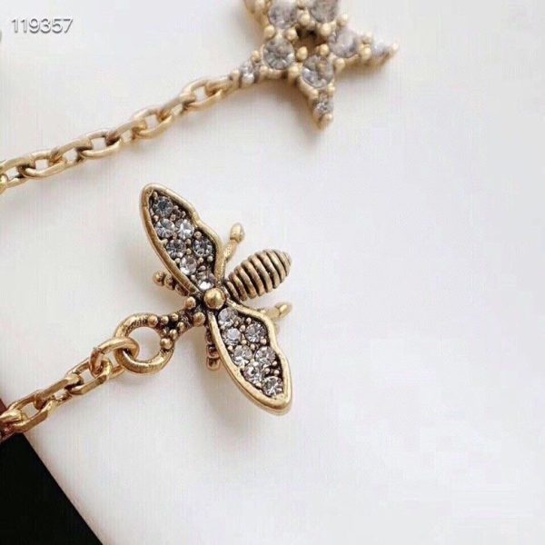 2021 Christian Dior Paved Diamonds J’ADIOR Motif Bee Star Clover Pendants Females Antique Gold-finish Metal Crystal Brooch