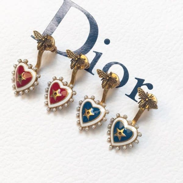 Women’s Celebrity Style Dior Heart-shaped Pendant Pearl Edging Vintage Brass Bee Stud Earrings Red/Blue