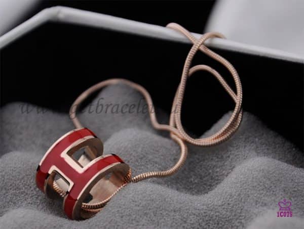 Hermes 3D Pop “H” logo Snake Bone Red Necklace in Pink Gold