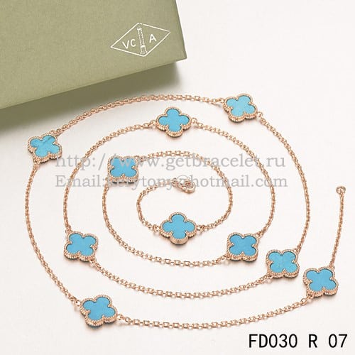 Van Cleef & Arpels Vintage Alhambra Necklace Pink Gold 10 Motifs With Turquoise Mother Of Pearl
