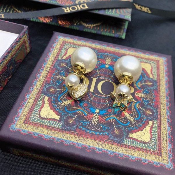 New Authentic Christian Dior CD Crystals Star Heart Asymmetric Pendants White Pearl Yellow Gold Earrings Women’s Jewellery