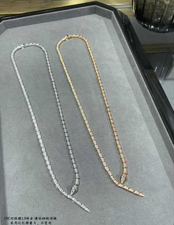 Serpenti Viper Slim Necklace with Full Pave Diamonds White Gold/Rose Gold