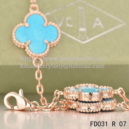 Van Cleef & Arpels Vintage Alhambra Necklace Pink Gold 20 Motifs With Turquoise Mother Of Pearl