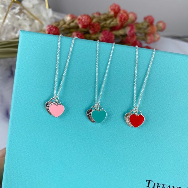 Tiffany & Co Return To Double Heart Tag Enamel Necklace 925 Silver For Ladies Pink/Red For Girls