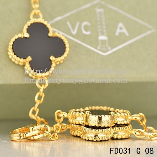 Van Cleef & Arpels Vintage Alhambra Necklace Yellow Gold 20 Motifs With Black Agate Mother Of Pearl