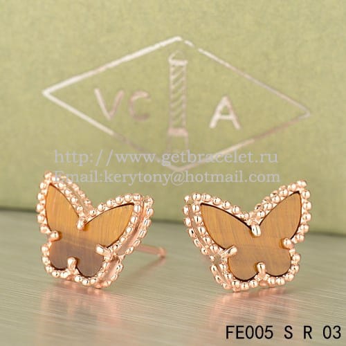 Van Cleef & Arpels Sweet Alhambra Butterfly Earrings Pink Gold With Tiger’s Eye Mother Of Pearl
