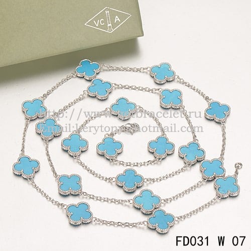 Van Cleef & Arpels Vintage Alhambra Necklace White Gold 20 Motifs With Turquoise Mother Of Pearl