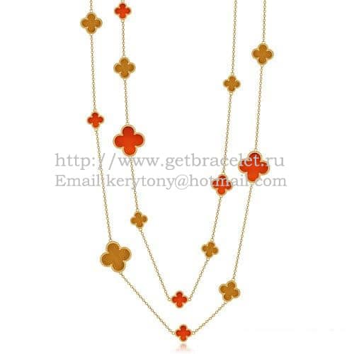 Van Cleef & Arpels Magic Alhambra Necklace Yellow Gold 16 Motifs With Red Onyx Tiger’s Eye Mother Of Pearl
