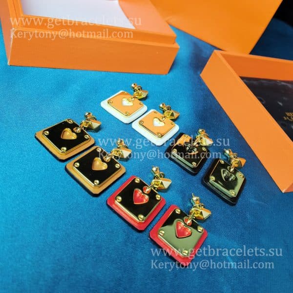 Lady Jewelry Hermes As de Coeur Earring Yellow Gold with Leather Red/White/Black/Orange