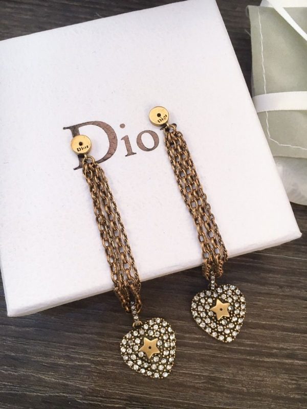 Retro Style Dior La Petite Tribale Heart Motif Paved Diamonds Link Tassel Female Brass Premium replica Drop Earrings Price List