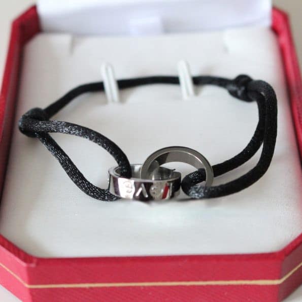 Cartier Double Ring Love Bracelet White Gold Black Rope
