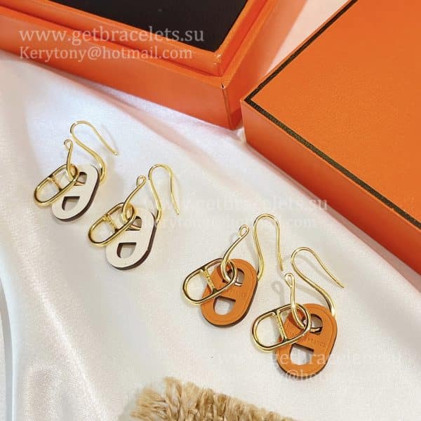 USA Hot Selling Hermes Swift Classic O’Maillon Earrings Yellow Gold With Leather Onange/White