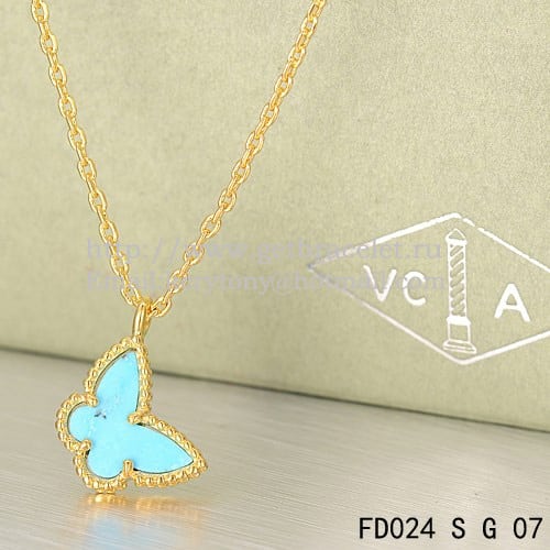 Van Cleef Arpels Lucky Alhambra Butterfly Necklace Yellow Gold With Turquoise Mother Of Pearl
