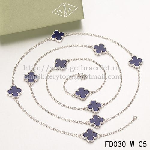 Van Cleef & Arpels Vintage Alhambra Necklace White Gold 10 Motifs With Lapis Stone Mother Of Pearl