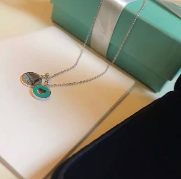 Luxury Replicated Tiffany Blue Enamel Heart Shape Ladies 925 Silver Double Round Pendant Necklace UK Sale 36517204