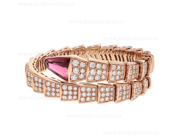 Serpenti Viper One-coil Bracelet in 18K Rose Gold With Full Pave Diamonds and a Rubellite on the Head