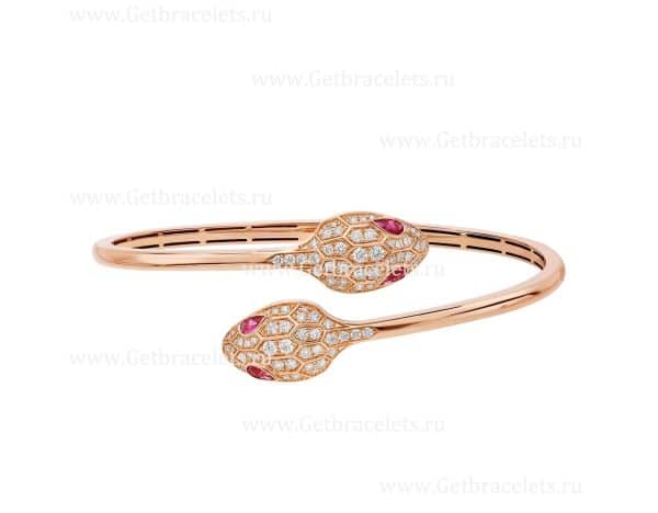 Serpenti 18K Rose Gold Bracelet set with Rubellite Eyes and Pave Diamonds
