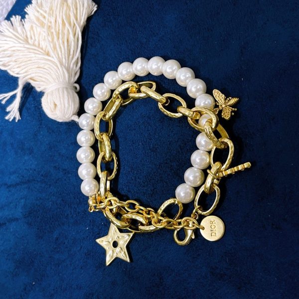 High End Christian Dior White Pearl Yellow Gold Plated Link Bee Star Woolen Pendants Dual Purpose Jewellery Necklace Bracelet
