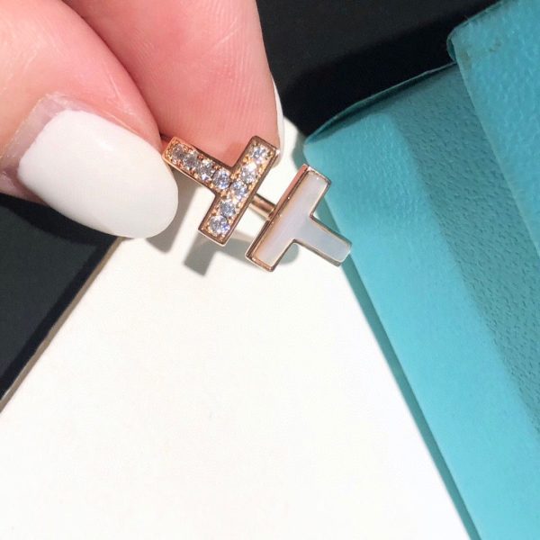 Womens Tiffany T Mother Of Pearl Rose Gold Double T Diamonds Wire Ring 6/7/8 US