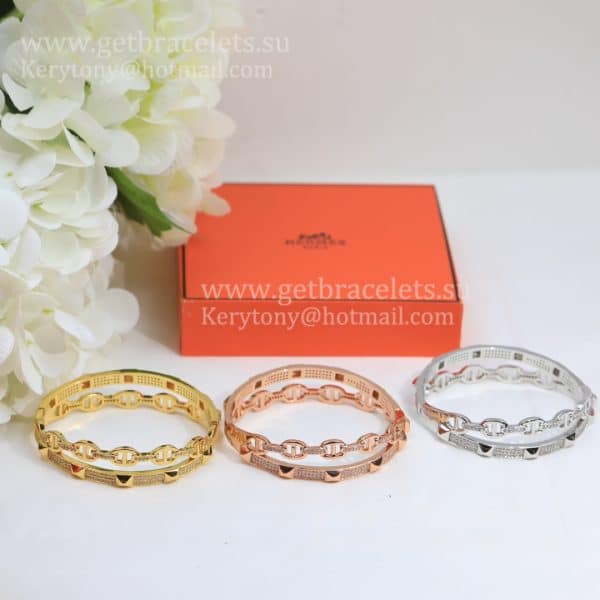 Hermes Collier de Chien Double Layer Bangle White Gold/Pink Gold/Yellow Gold Low Price