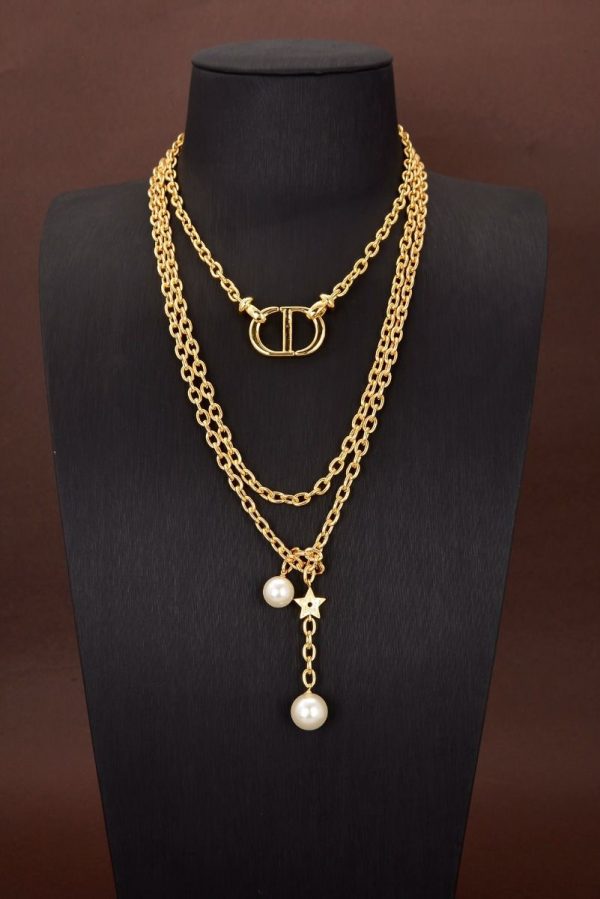 Hot Selling Christian Dior Females CD Navy Initial CD Logo White Pearl Pendants Yellow Gold Plated Multi-chain Necklace N1346CDNRS_D301