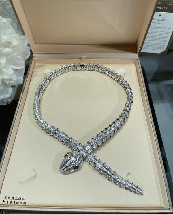 Serpenti Large Emerald and Diamond Necklace White Gold with Diamonds