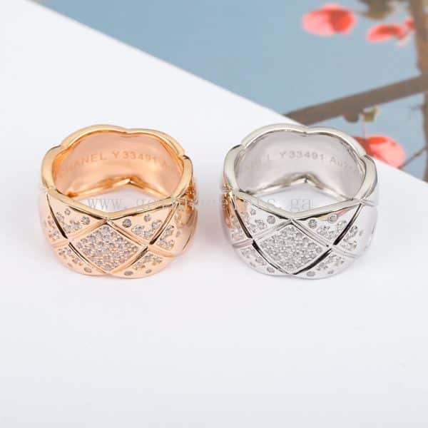 COCO Crush Ring Quilted Motif Large Version With Diamonds Rose Gold/White Gold